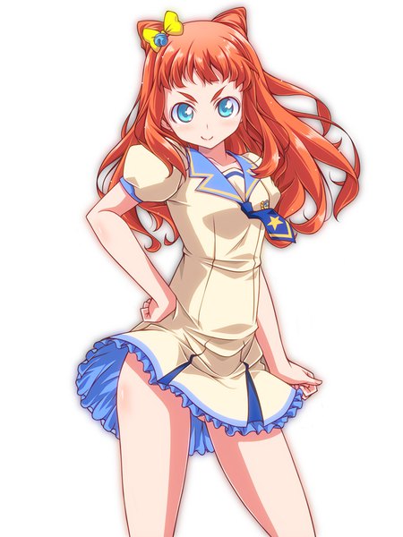 Anime picture 750x1000 with aikatsu! aikatsu stars! saotome ako kikuchi tsutomu single long hair tall image looking at viewer blush fringe blue eyes light erotic simple background smile white background hair bun (hair buns) puffy sleeves hand on hip ass visible through thighs star print