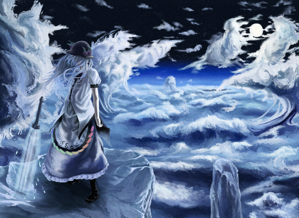 Anime picture 1481x1080 with touhou hinanawi tenshi akaikitsune single long hair blue hair sky cloud (clouds) rock hair over eyes girl dress hat sword moon peach