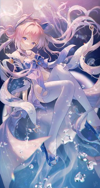 Anime picture 1755x3292 with genshin impact sangonomiya kokomi kazki444 single long hair tall image looking at viewer highres smile purple eyes twintails pink hair underwater girl thighhighs detached sleeves white thighhighs bubble (bubbles) vision (genshin impact)