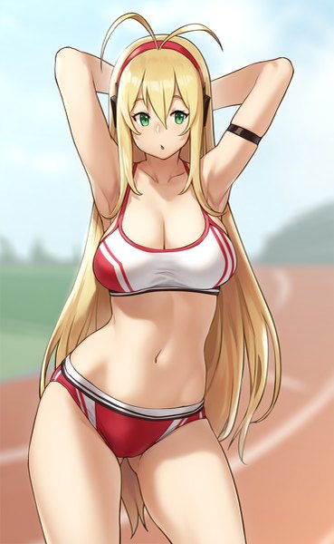 Anime picture 739x1200 with voiceroid tsurumaki maki houtengeki single long hair tall image fringe breasts light erotic blonde hair hair between eyes large breasts green eyes looking away cleavage ass visible through thighs arms behind head girl shorts headphones