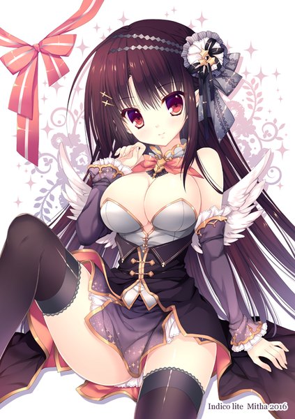 Anime-Bild 564x800 mit original mitha single long hair tall image looking at viewer breasts light erotic black hair red eyes girl thighhighs dress black thighhighs detached sleeves wings