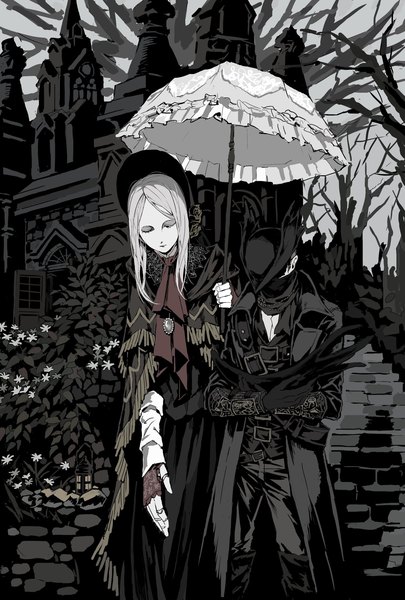 Anime picture 1384x2048 with bloodborne from software hunter (bloodborne) plain doll soldalepaz11 tall image short hair standing holding white hair eyes closed bare tree girl boy gloves plant (plants) hat tree (trees) building (buildings) umbrella