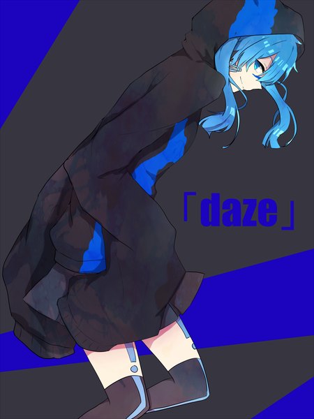 Anime picture 750x1000 with kagerou project shaft (studio) ene (kagerou project) ringomaru single long hair tall image blue eyes smile twintails blue hair looking away long sleeves profile girl thighhighs black thighhighs hood