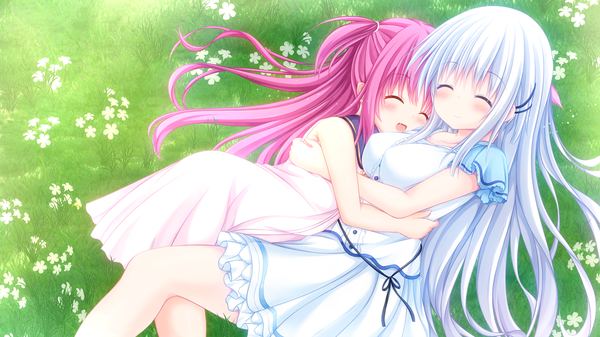 Anime picture 1920x1080 with summer pockets key (studio) naruse shiroha katou umi manma (manmamia) long hair blush fringe highres breasts open mouth smile wide image bare shoulders multiple girls payot pink hair bent knee (knees) outdoors white hair