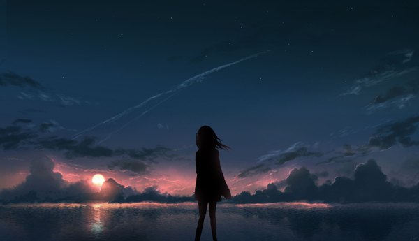 Anime picture 916x528 with original skyrick9413 single long hair wide image standing cloud (clouds) wind from behind night night sky evening sunset horizon scenic silhouette girl sea star (stars)