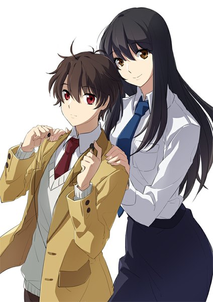 Anime picture 600x849 with aldnoah.zero a-1 pictures kaizuka inaho kaizuka yuki isf long hair tall image looking at viewer fringe short hair black hair simple background smile red eyes brown hair white background brown eyes from above brother and sister hand on headphones