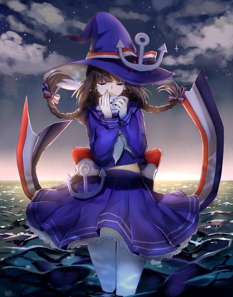 Anime picture 992x1262 with wadanohara and the great blue sea wadanohara aki663 single long hair tall image fringe brown hair standing sky cloud (clouds) braid (braids) eyes closed night bare belly bare legs night sky tears twin braids partially submerged