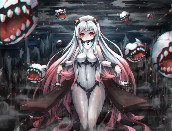 Anime picture 1595x1220 with kantai collection airfield hime kajaneko single looking at viewer blush fringe open mouth light erotic red eyes standing pink hair white hair very long hair multicolored hair horn (horns) teeth sleeveless gradient hair underwater