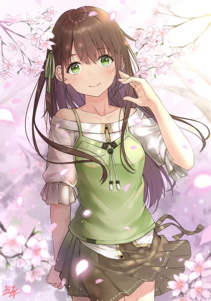 Anime picture 892x1268 with original miko fly single long hair tall image looking at viewer blush fringe smile hair between eyes brown hair standing bare shoulders green eyes signed outdoors pleated skirt arm up wind short sleeves