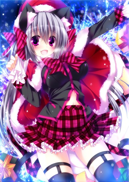 Anime picture 857x1200 with original oziko (ojitcha) ojitcha single long hair tall image blush open mouth purple eyes animal ears tail animal tail grey hair cat ears cat girl cat tail fur trim christmas girl thighhighs