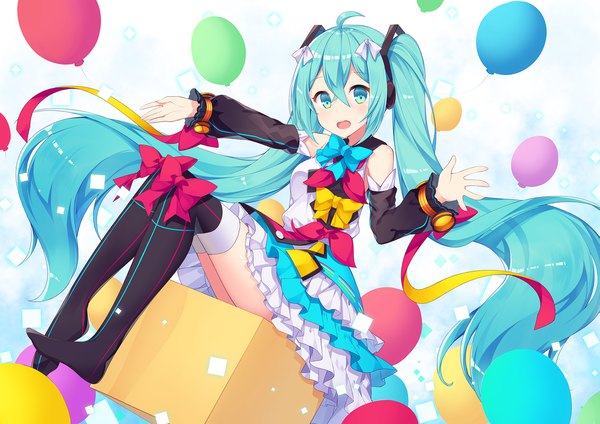 Anime picture 2045x1446 with vocaloid magical mirai (vocaloid) hatsune miku magical mirai miku magical mirai miku (2018) amemiya ruki single looking at viewer blush fringe highres open mouth blue eyes smile hair between eyes sitting twintails bare shoulders blue hair full body