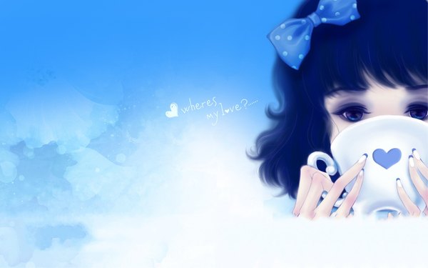 Anime picture 1680x1050 with tagme (artist) single looking at viewer short hair blue eyes wide image holding blue hair inscription blue background face eyeshadow polka dot drinking girl bow hair bow heart cup mug