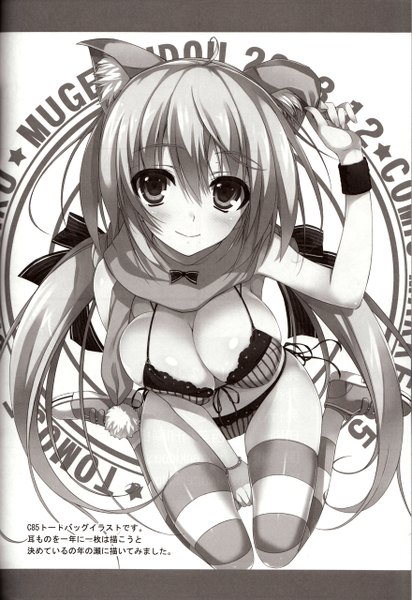 Anime picture 879x1280 with tomose shunsaku single long hair tall image looking at viewer blush breasts light erotic smile large breasts sitting twintails bare shoulders animal ears cleavage bare belly monochrome looking up between legs girl