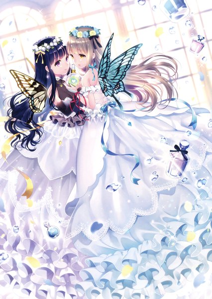 Anime-Bild 2342x3300 mit original eshi 100-nin ten wasabi (sekai) long hair tall image fringe highres brown hair purple eyes bare shoulders multiple girls brown eyes blue hair blunt bangs scan sparkle eye contact insect wings butterfly wings girl