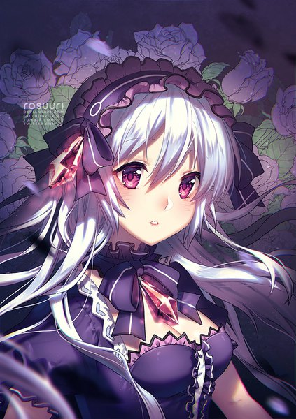 Anime picture 700x993 with fairy fencer f tiara (fairy fencer f) rosuuri single long hair tall image looking at viewer blush fringe hair between eyes purple eyes signed silver hair upper body parted lips blurry depth of field lipstick floating hair girl