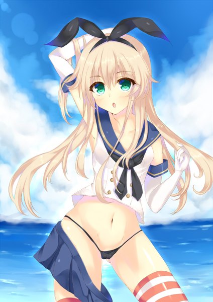 Anime picture 1000x1416 with kantai collection shimakaze destroyer nirata ni fumihiko long hair tall image blush light erotic blonde hair green eyes girl thighhighs gloves navel underwear panties miniskirt elbow gloves sea striped thighhighs sailor suit
