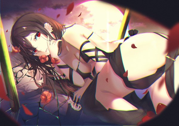 Anime picture 4093x2894 with fate (series) fate/grand order yu mei-ren (fate) fou (ssqseeker) single long hair looking at viewer fringe highres breasts light erotic red eyes brown hair bare shoulders absurdres cleavage cloud (clouds) bent knee (knees) ass lying