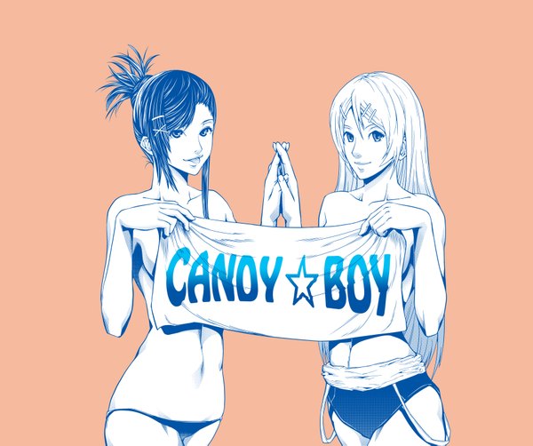 Anime picture 3500x2934 with candy boy sakurai kanade sakurai yukino yunyun (artist) long hair highres light erotic multiple girls absurdres holding hands undressing :p girl 2 girls swimsuit tongue banner