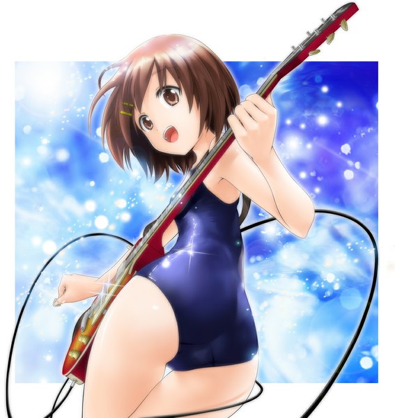 Anime picture 987x1043 with k-on! kyoto animation hirasawa yui tsunbeji single tall image short hair open mouth light erotic smile brown hair brown eyes sky looking back sunlight girl hair ornament swimsuit bobby pin one-piece swimsuit