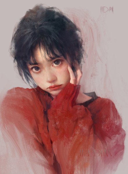 Anime picture 4961x6761 with original illdian single tall image looking at viewer fringe highres short hair black hair signed absurdres upper body long sleeves head tilt lips black eyes realistic sleeves past wrists hand on cheek girl
