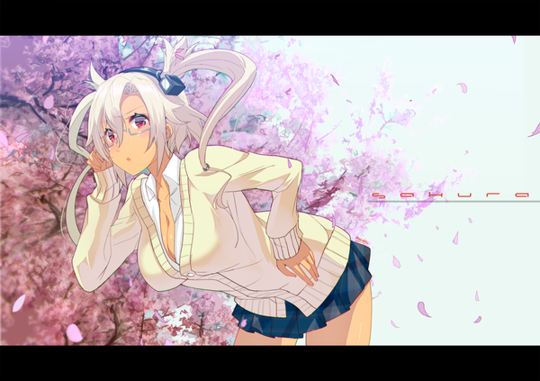 Anime picture 1000x706 with kantai collection musashi super battleship sakuhiko single long hair fringe light erotic hair between eyes cleavage white hair pink eyes :o leaning two side up leaning forward hand on hip cherry blossoms dark skin letterboxed partially open clothes