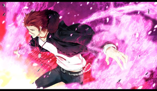 Anime picture 1230x720 with k-project gohands (studio) mikoto suoh yun (neo) single short hair smile wide image yellow eyes looking away red hair open clothes open jacket magic letterboxed spread arms boy petals jacket belt