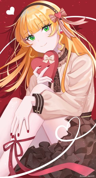 Anime picture 1112x2048 with hello!!! love live! sunrise (studio) love live! heanna sumire 0610 kaori single long hair tall image fringe simple background blonde hair green eyes signed blunt bangs nail polish twitter username red background valentine red nail polish girl