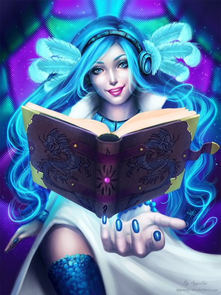 Anime picture 1200x1600 with ayyasap single long hair tall image looking at viewer blue eyes smile signed blue hair nail polish realistic lipstick girl thighhighs headphones book (books) feather (feathers)