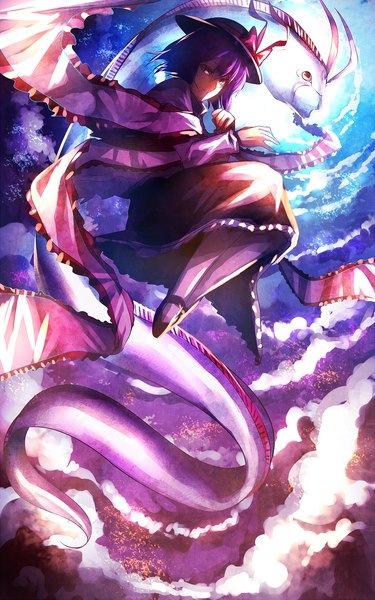 Anime picture 1600x2560 with touhou nagae iku uu uu zan single tall image looking at viewer short hair purple eyes sky purple hair cloud (clouds) from below weightlessness girl ribbon (ribbons) hat animal