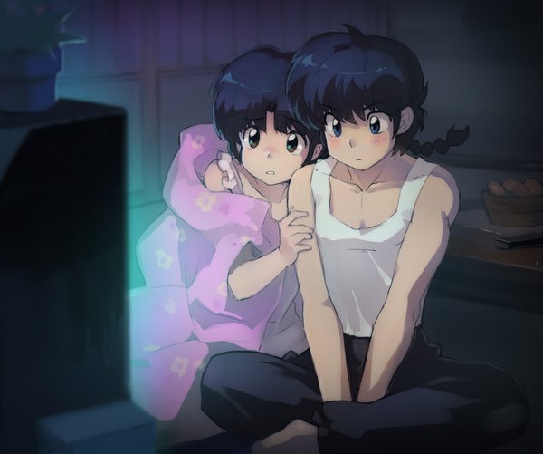 Anime picture 1000x835 with ranma 1/2 saotome ranma tendou akane mimi (ranma3049) blush short hair blue eyes black hair sitting couple girl boy blanket television