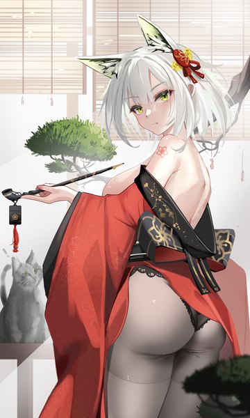 Anime picture 1863x3105 with arknights kal'tsit (arknights) sabou san-shitsu kokoro single tall image looking at viewer fringe highres short hair breasts light erotic hair between eyes large breasts standing holding green eyes animal ears silver hair ass traditional clothes