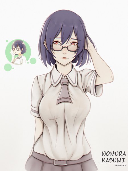Anime picture 2473x3300 with asobi asobase nomura kasumi liya nikorov tall image looking at viewer fringe highres short hair breasts simple background hair between eyes large breasts white background multiple girls signed purple hair upper body parted lips orange eyes character names