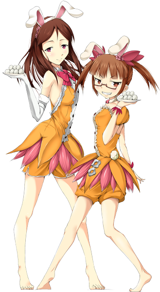 Anime picture 1102x2006 with solru (tyappygain) long hair tall image red eyes brown hair multiple girls barefoot bunny ears legs transparent background girl dress gloves 2 girls glasses elbow gloves