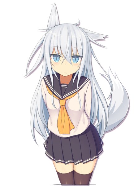 Anime picture 714x960 with kantai collection hibiki destroyer abekawa mochi single long hair tall image looking at viewer blush fringe blue eyes simple background hair between eyes standing white background animal ears silver hair ahoge tail animal tail pleated skirt