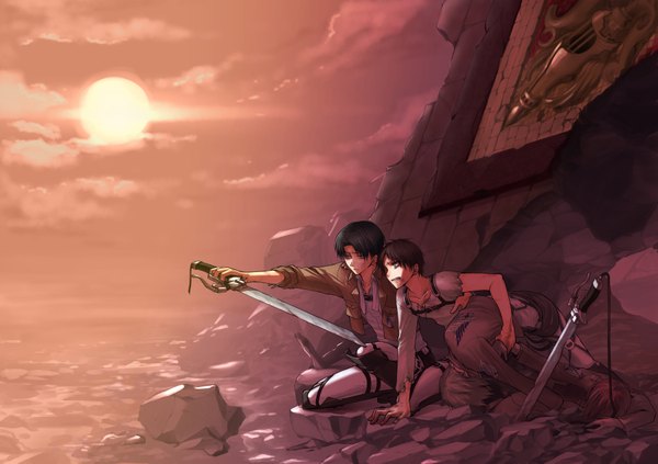 Anime picture 1800x1271 with shingeki no kyojin production i.g eren yaeger levi (rivaille) shirano (artist) highres black hair blonde hair brown hair looking away sky cloud (clouds) red hair beach silver eyes frown boy uniform weapon sword