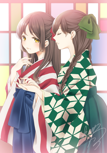 Anime picture 1500x2125 with original sheepd long hair tall image brown hair multiple girls brown eyes signed payot braid (braids) eyes closed traditional clothes japanese clothes profile twin braids holding hands shoujo ai half updo girl bow