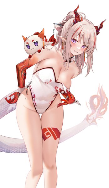 Anime picture 3225x5568 with arknights nian (arknights) ru zhai single long hair tall image looking at viewer blush fringe highres breasts light erotic simple background smile large breasts standing white background purple eyes absurdres silver hair