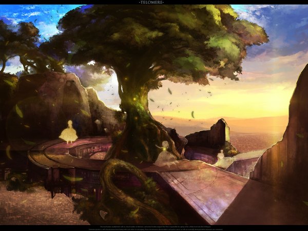 Аниме картинка 1024x768 с оригинальное изображение rel пейзаж свечение руины платье растение (растения) дерево (деревья) лист (листья)