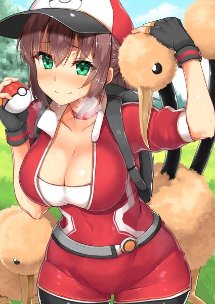 Anime picture 752x1062 with pokemon pokemon (game) pokemon go nintendo female protagonist (pokemon go) doduo body mahattaya ginga single long hair tall image blush fringe breasts light erotic smile hair between eyes brown hair large breasts green eyes looking away