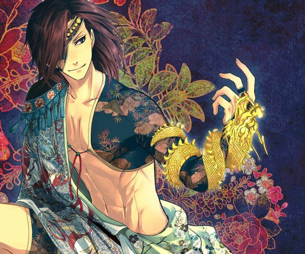 Anime picture 1050x874 with sengoku basara production i.g date masamune beri blue eyes smile brown hair abs boy flower (flowers) eyepatch dragon
