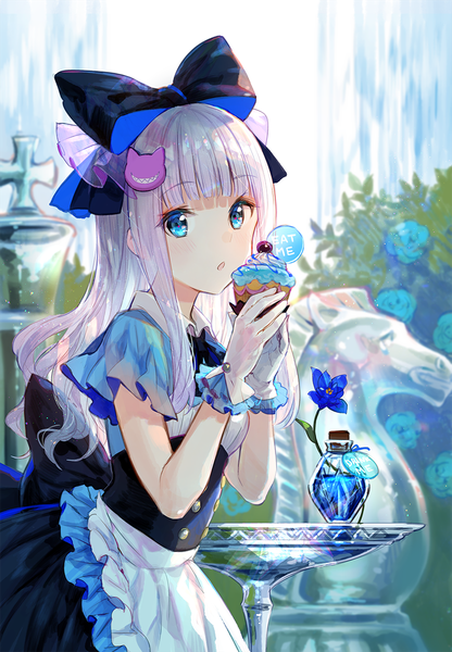 Anime picture 922x1329 with alice in wonderland original alice (wonderland) fuzichoco single long hair tall image looking at viewer fringe blue eyes holding silver hair blunt bangs girl gloves flower (flowers) bow hair bow white gloves cupcake