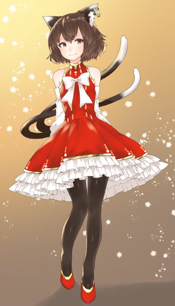 Anime picture 1440x2520 with touhou chen egret single tall image looking at viewer fringe short hair simple background smile brown hair standing bare shoulders brown eyes animal ears full body tail animal tail cat ears cat girl
