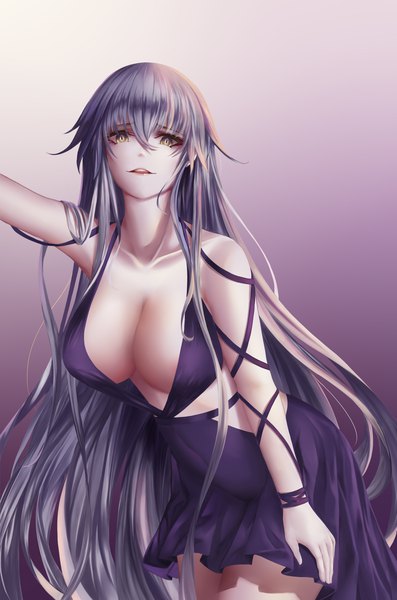 Anime picture 1563x2362 with fate (series) fate/grand order jeanne d'arc (fate) (all) jeanne d'arc alter (fate) yuzuriha (pixiv 14248010) single tall image looking at viewer fringe breasts open mouth light erotic simple background hair between eyes large breasts standing yellow eyes payot cleavage silver hair