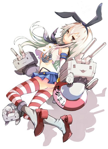 Anime picture 722x1000 with kantai collection shimakaze destroyer rensouhou-chan settyaro single long hair tall image fringe open mouth light erotic simple background white background bare shoulders brown eyes ass white hair shadow midriff text girl