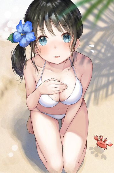 Anime picture 1322x2000 with original nyankosenshi single long hair tall image blush fringe breasts open mouth blue eyes light erotic black hair bare shoulders payot full body barefoot hair flower blurry shadow wet