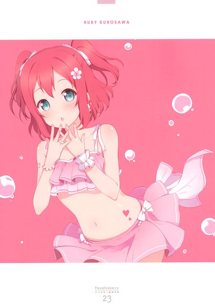 Anime picture 2389x3416 with love live! sunshine!! sunrise (studio) love live! kurosawa ruby 6u (eternal land) single tall image blush fringe highres short hair pink hair hair flower aqua eyes :o two side up character names pink background girl navel