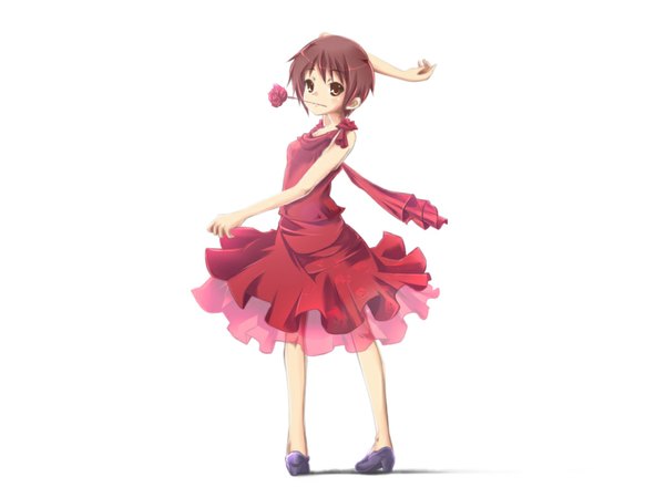 Anime picture 1024x768 with suzumiya haruhi no yuutsu kyoto animation nagato yuki nanabuluku flower in mouth girl dress flower (flowers) rose (roses) red rose