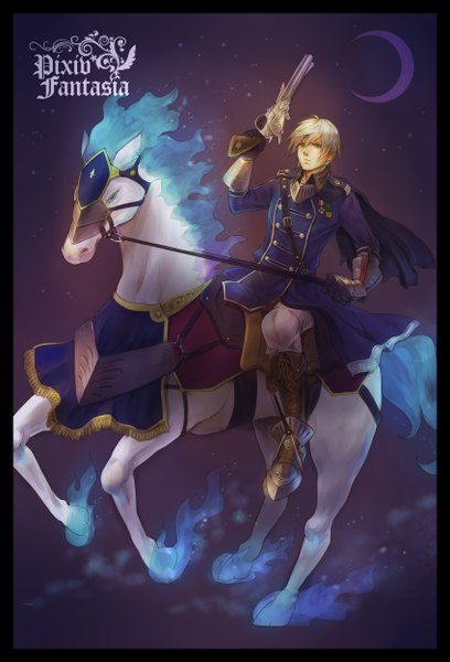 Anime picture 1700x2500 with original pixiv fantasia pixiv fantasia v senano-yu tall image looking at viewer short hair blue eyes blonde hair sitting holding arms up dark background crescent running boy gloves uniform weapon animal