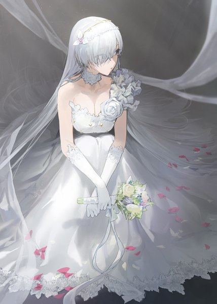 Anime picture 1000x1403 with fate (series) fate/grand order anastasia (fate) modare single tall image fringe breasts blue eyes simple background sitting bare shoulders holding looking away cleavage silver hair full body very long hair hair flower sunlight