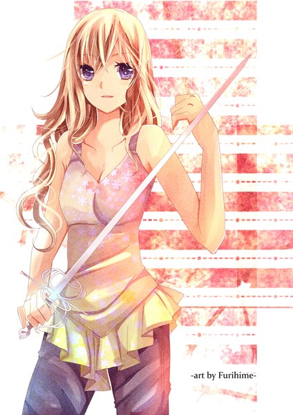 Anime picture 2893x4092 with original furihime single long hair tall image highres open mouth blonde hair smile purple eyes girl dress weapon sundress epee